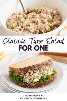 tuna salad with lettuce and tomatoes in a white bowl on top of a plate