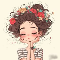 a girl with flowers in her hair is holding her hands to her face and looking down