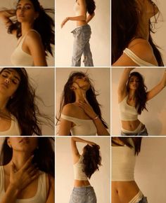 several pictures of a woman posing with her hands on her hips and arms behind her head