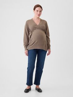 Supersoft cotton-blend maternity wrap sweater.  V-neck.  Long sleeves.  Tie-belt at waist.  Please note: Maternity styles cannot be returned in store.  Please enjoy free returns by mail.  This product was made in a factory that runs the Gap Inc.  P. A. C. E.  Personal Advancement & Career Enhancement) program.  P. A. C. E.  is our educational program that helps the women who make our clothes build the skills, knowledge, confidence & resilience needed to advance in work & life.  Learn more here.  Choose your maternity Luxury Brown Cotton T-shirt, Gap V-neck Fall Sweater, Maternity Styles, Plymouth Rock, Plush Yarn, Gap Maternity, Everyday Luxury, Maternity Sweater, Everyday Luxuries