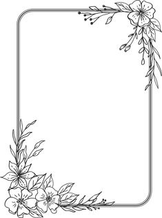 a square frame with flowers and leaves on the edges is outlined in black and white