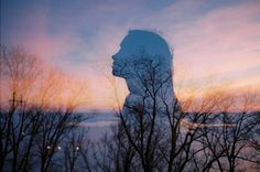 the silhouette of a person in front of trees