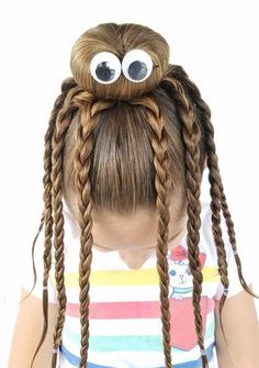 Crianças cabelo para Halloween Girls School Hairstyles, Easy Hairstyles For School, Googly Eyes, Cornrow