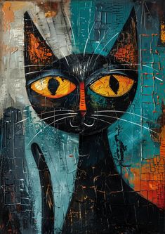 a painting of a black cat with yellow eyes and an orange spot on its face