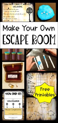 The pin shows four printable escape room puzzles, letters in play dough, popsicle stick clues and a locked box with a puzzle inside. How To Set Up An Escape Room, Mini Escape Room Diy, Escape Room Board Game, Classroom Escape Room Ideas, Escape Room Gift Card Ideas, Halloween Escape Room Middle School, How To Make An Escape Room Gift, Making Your Own Escape Room