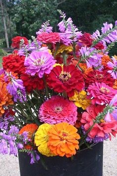 a bunch of flowers that are in a black vase on the ground with trees in the background