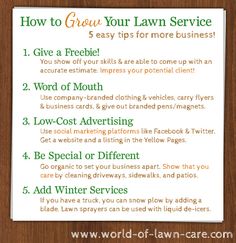 a sign with instructions on how to get your lawn service in 5 easy steps for more business