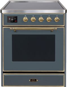 30" Freestanding Induction Range with 4 Elements, 3 Cu. Ft. Capacity, Storage Drawer, Self-Clean, European Convection, TFT Oven Control Display, and Triple Glass Cool Door: Blue Grey with Brass Trim. Magnetic waves induce heat directly in the pan for quick boiling and intense sears, leaving less heat on the surface. The large capacity oven gives plenty of space to cook multiple dishes. It provides storage for pots and pans. It also serves as the dish warmer drawer by using the residual heat from Ilve Range, Kitchen Centerpiece, Induction Range, Volt Ampere, 4 Element, Brass Trim, Iron Grate, 4 Elements, Cool Doors