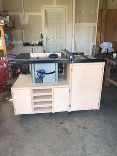 a workbench in a garage with tools on it