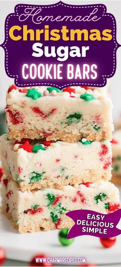 homemade christmas sugar cookie bars stacked on top of each other with the title overlay