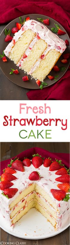 a cake with white frosting and strawberries on top is cut in half to show the layers