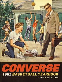 an advertisement for converse basketball yearbook, featuring two men in front of a group of people