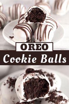 oreo cookie balls with white chocolate frosting on top and one bite taken out