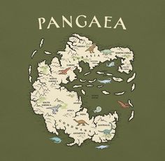 an illustrated map of the country of pangaea, with dinosaurs and other animals