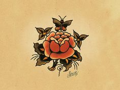 a drawing of a rose with two butterflies on it's back and an orange flower in the middle