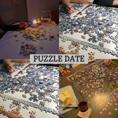 the puzzle is being assembled and ready to be put into the table for someone's birthday party