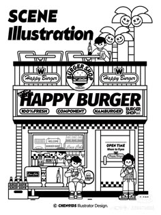 a black and white image of a happy burger shop with the words scene illustration on it