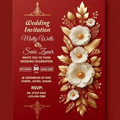 a red and gold wedding card with white flowers on the front, in an ornate frame