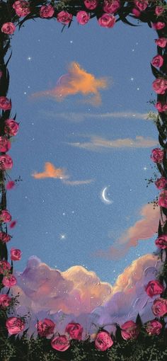 an artistic painting of pink roses and the moon in the sky with clouds above it