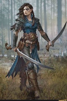 a woman holding two swords in her hands and standing in the middle of a forest