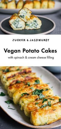 vegan potato cakes with spinach and cream cheese filling on a white platter