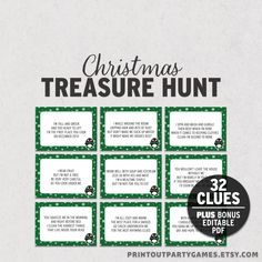 printable christmas treasure hunt for kids with green and white stripes on the front, black and