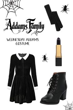 the addams family costume is shown in black and white with spider webs on it