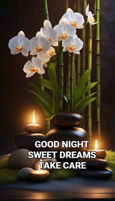 some white flowers and candles are in front of bamboo sticks with the words, good night sweet dreams take care