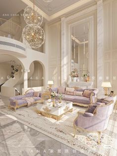 an elegant living room with chandelier and sofas