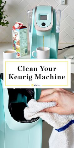 a person cleaning a kitchen sink with a microfit machine in the background and text that reads, clean your keurig machine