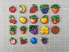 pixellated fruit and vegetables are displayed on a cutting board