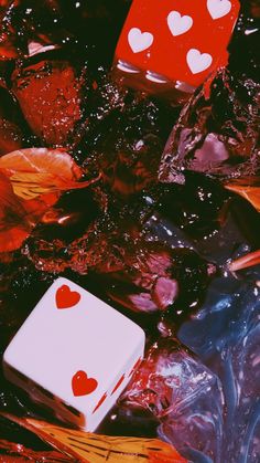 two red and one white playing cards floating in water with leaves on the ground next to them