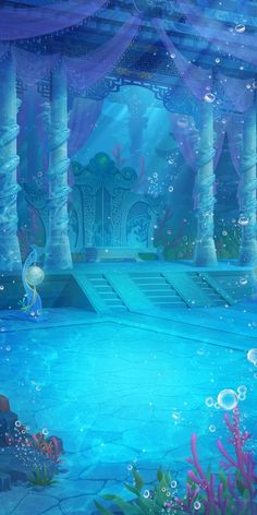 the little mermaid is standing in front of an underwater castle with bubbles and fish around it