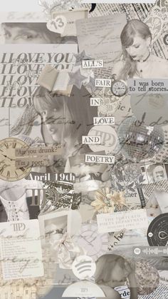 a collage of many different types of paper with words and pictures all over it