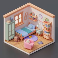 a dollhouse bedroom with furniture and bookshelves