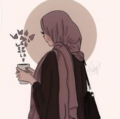 a woman in a hijab is holding a coffee cup and looking at butterflies