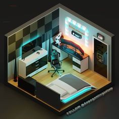 a room with a bed, desk and computer monitor on the wall is lit up by neon lights