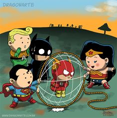 some cartoon characters are playing with a wire net in front of an image of batman and wonder woman