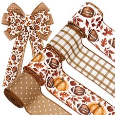 the ribbon is decorated with footballs and pumpkins on brown polka dotty fabric