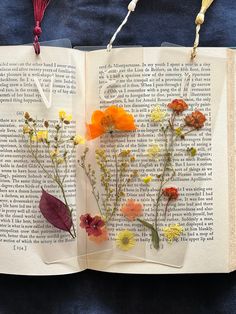 an open book with dried flowers attached to it