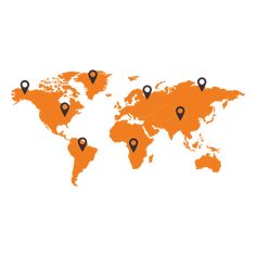 an orange world map with pins pointing in different directions