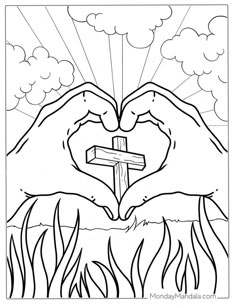 two hands making a heart shape with the cross in front of them and clouds above