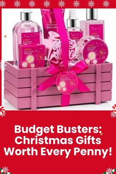 a pink box filled with lots of different items and the words budget busters christmas gifts worth every penny