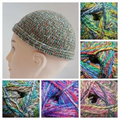 four pictures of different colors of yarn on top of a mannequin's head