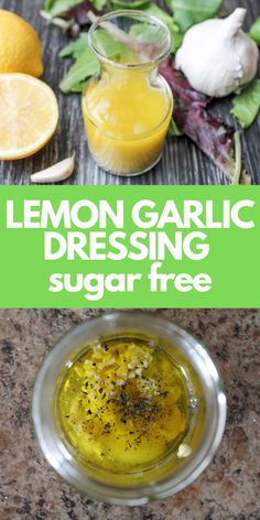 lemon garlic dressing in a small glass bowl next to sliced lemons and fresh herbs