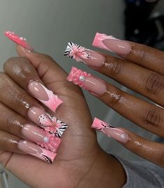 #girly #animals #pink #french #summer Nail Ideas Festive, Cheetah Print Pink Nails, Animal Acrylic Nails, Pink French Tip With Design, Hawaiian Themed Nails, Kawaii Almond Nails, French Tip With Design Acrylic, Hot Pink And Green Nails, Seashell Nails Design