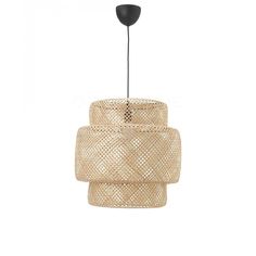 the light fixture is made out of woven material and has a black metal rod on one end