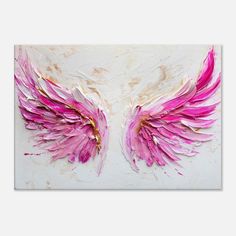 an abstract painting with pink and gold wings on a white background is featured in this image