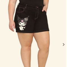 Cute Summer Kuromi Shorts From Hot Topic In Plus Size 1x Cute Black Cotton Shorts, Kuromi Jeans, Black Mid-rise Grunge Shorts, Hot Topic Sanrio, Kuromi Two Piece Set, Kuromi Hot Topic, Black Graphic Print Shorts, Black Denim Overalls, Floral Denim Shorts