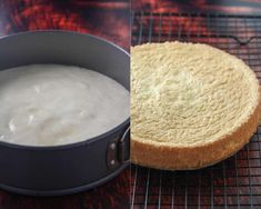 an image of a cake in a pan on a rack and before and after it has been baked